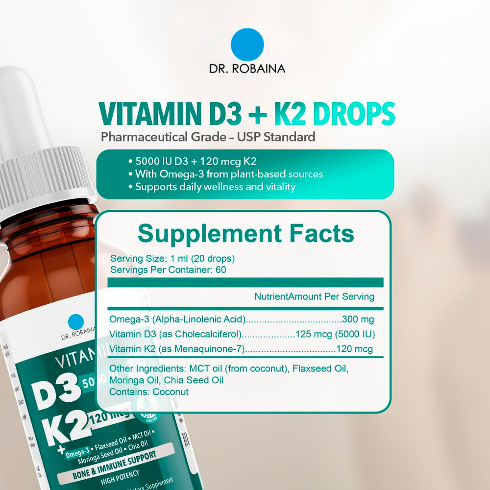 Dr. Robaina morning routine bottle, supports daily wellness with sublingual D3 + K2.
