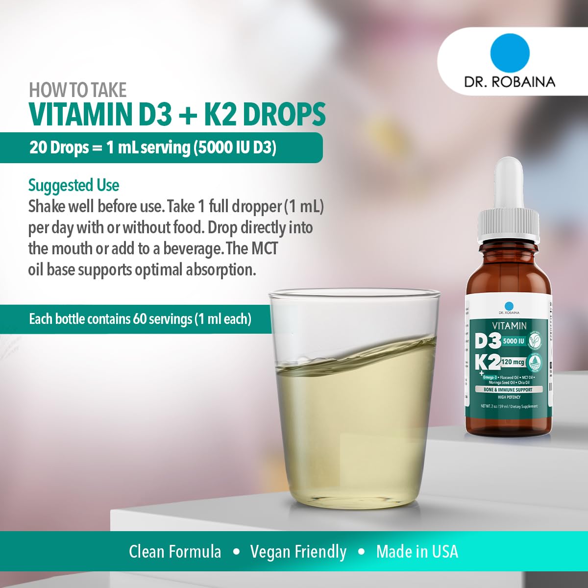 Dr. Robaina vegan D3 + K2 drops packaging highlights vegan formula.