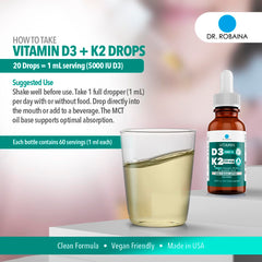 Dr. Robaina vegan D3 + K2 drops packaging highlights vegan formula.