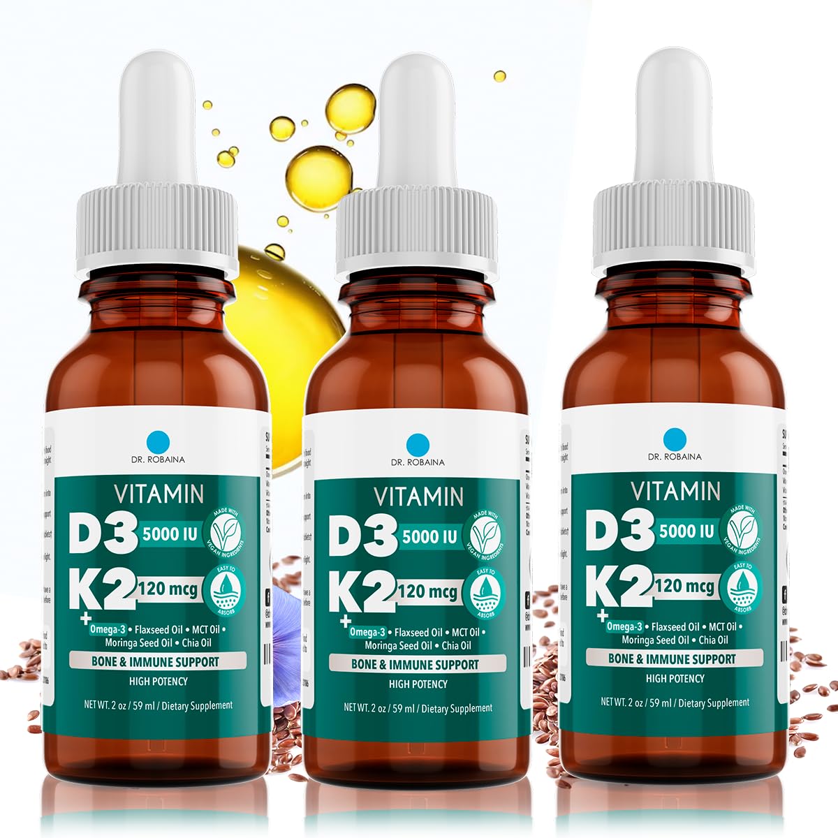 Dr. Robaina Vitamin D3 + K2 Drops bottle on white surface, supports bone strength and wellness.