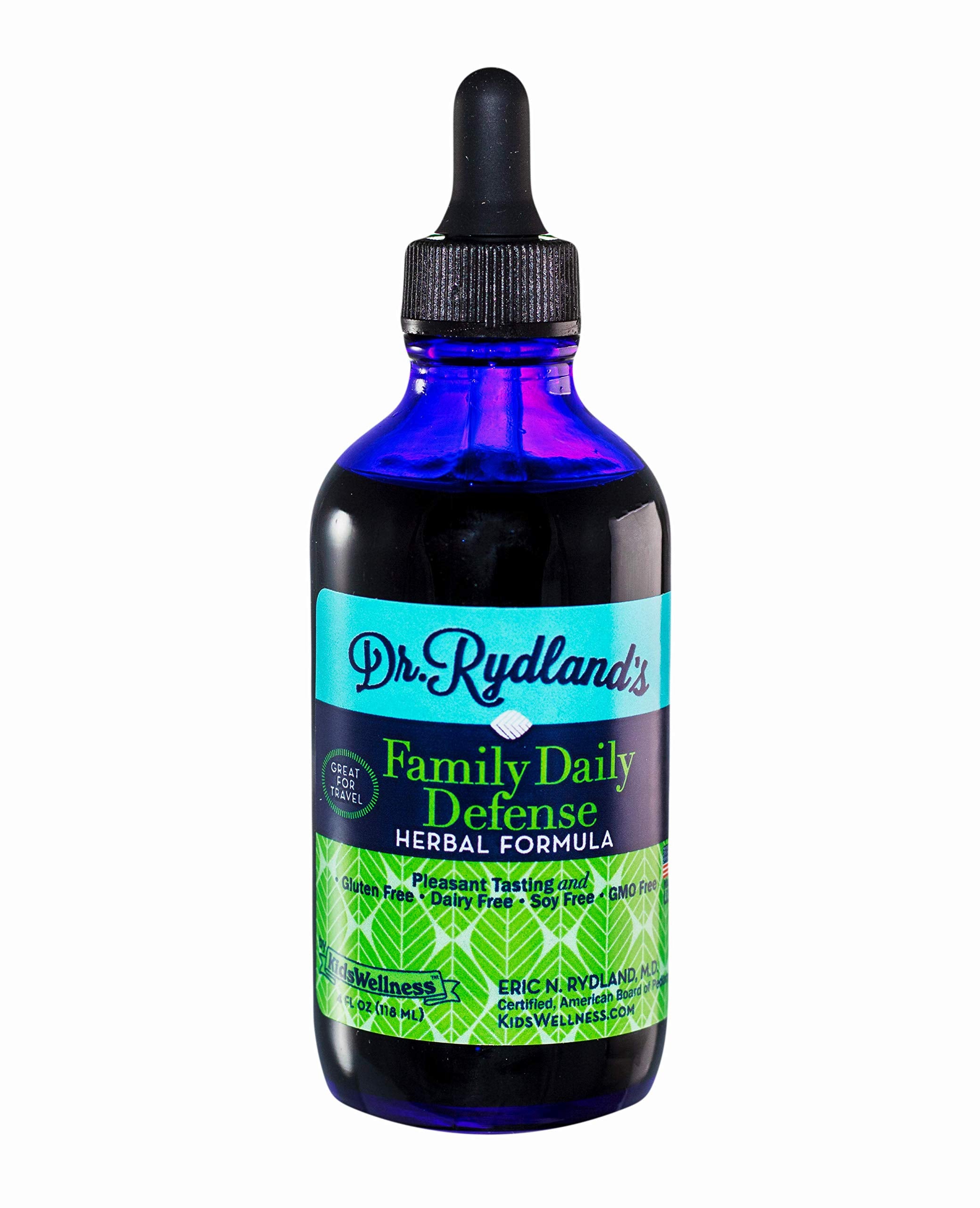 Dr. Rydland's Family Daily Defense bottle front view for daily wellness on the go.