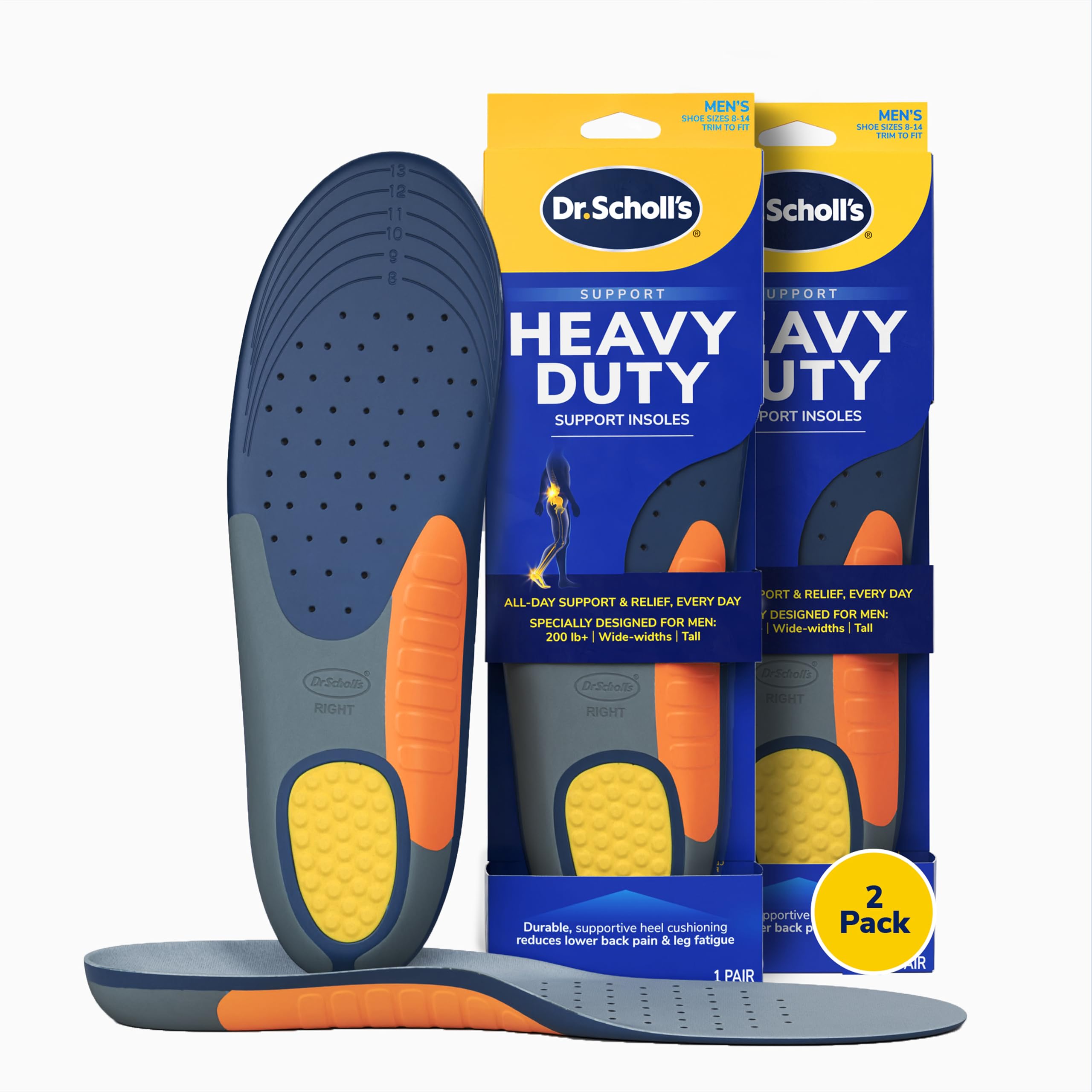 Dr. Scholl's heavy duty insole with large heel cushion for extra comfort.