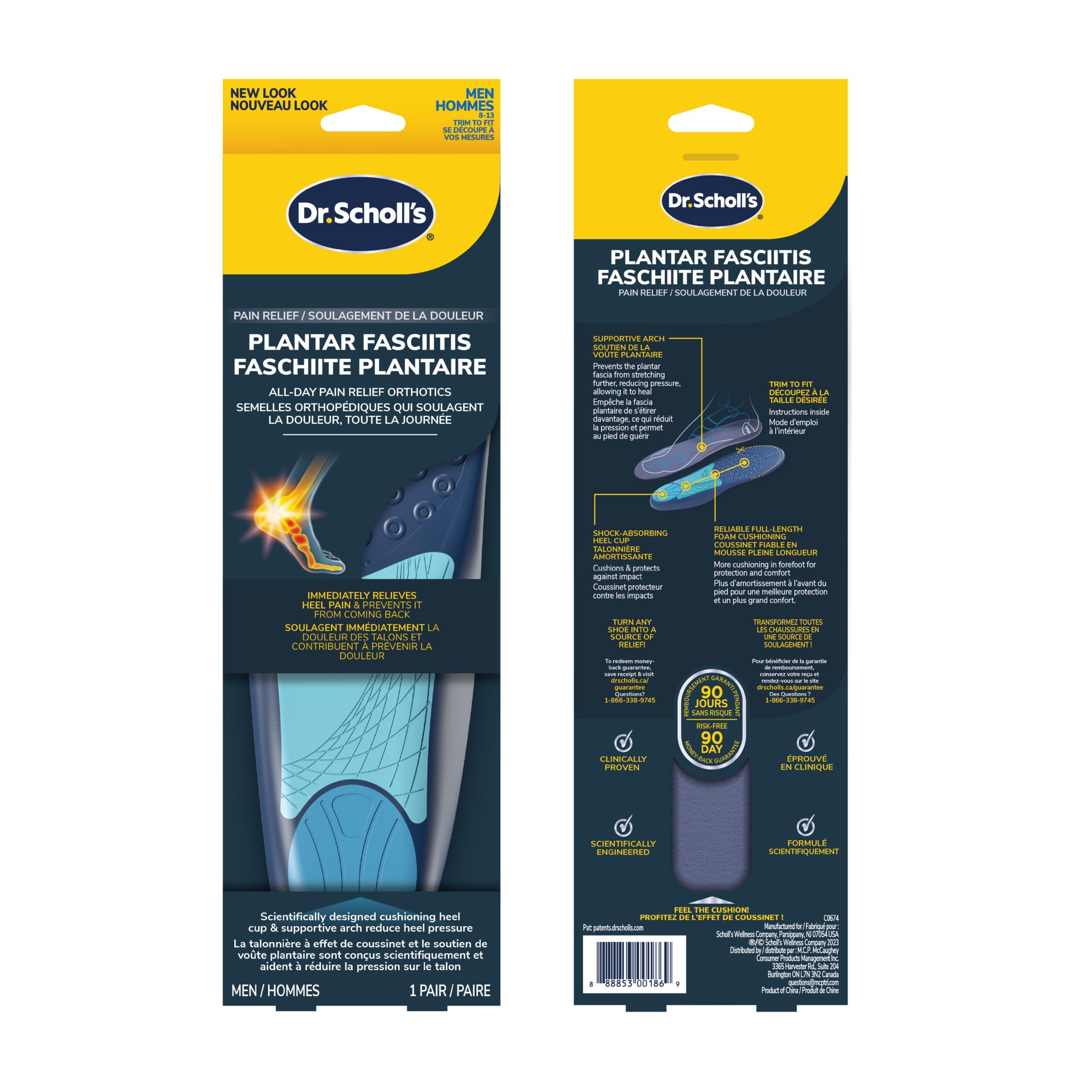 Dr. Scholl's Plantar Fasciitis Orthotics – packaging highlights fit and care.
