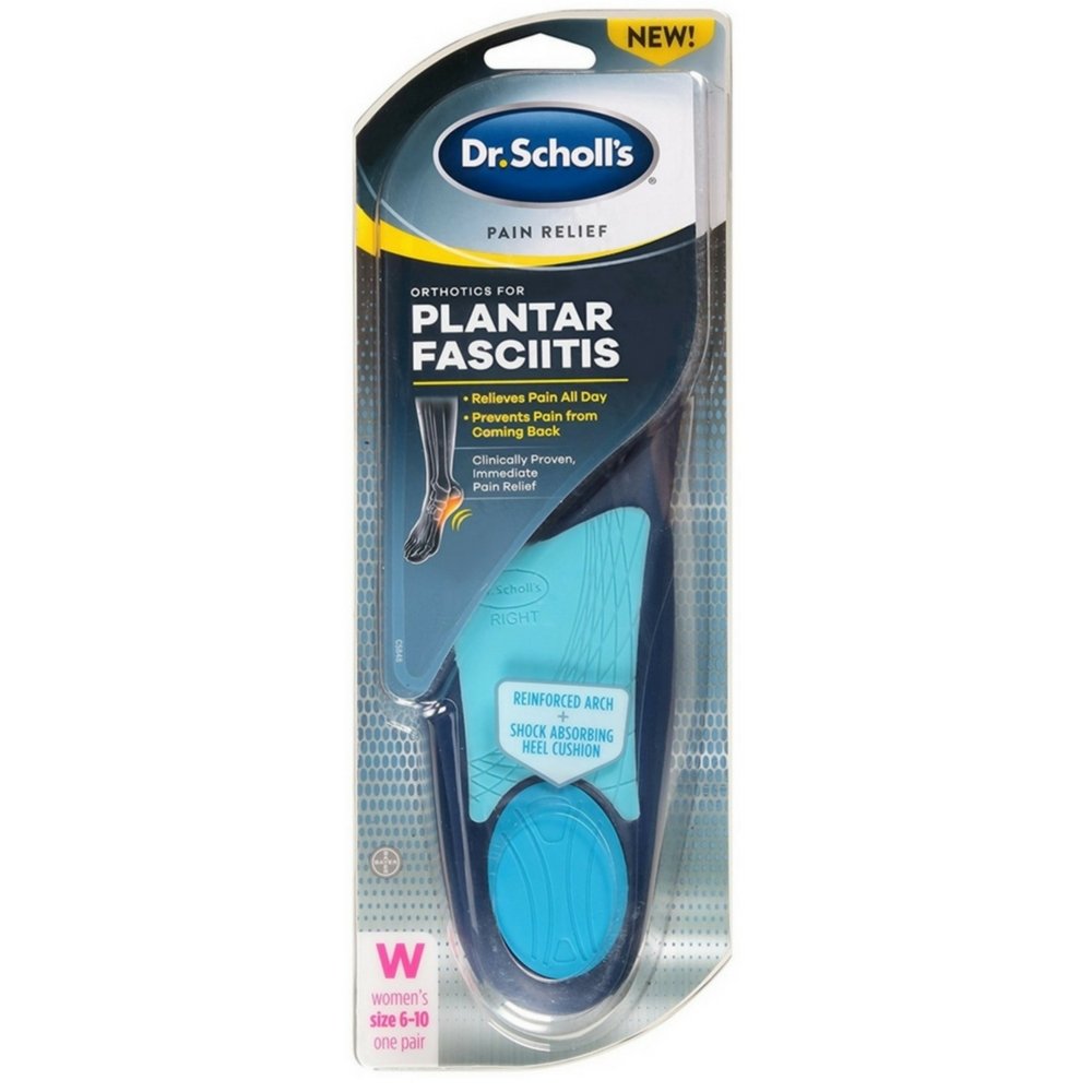 Dr. Scholl's plantar fasciitis orthotics for women with reinforced arch support and full-foot cushioning.