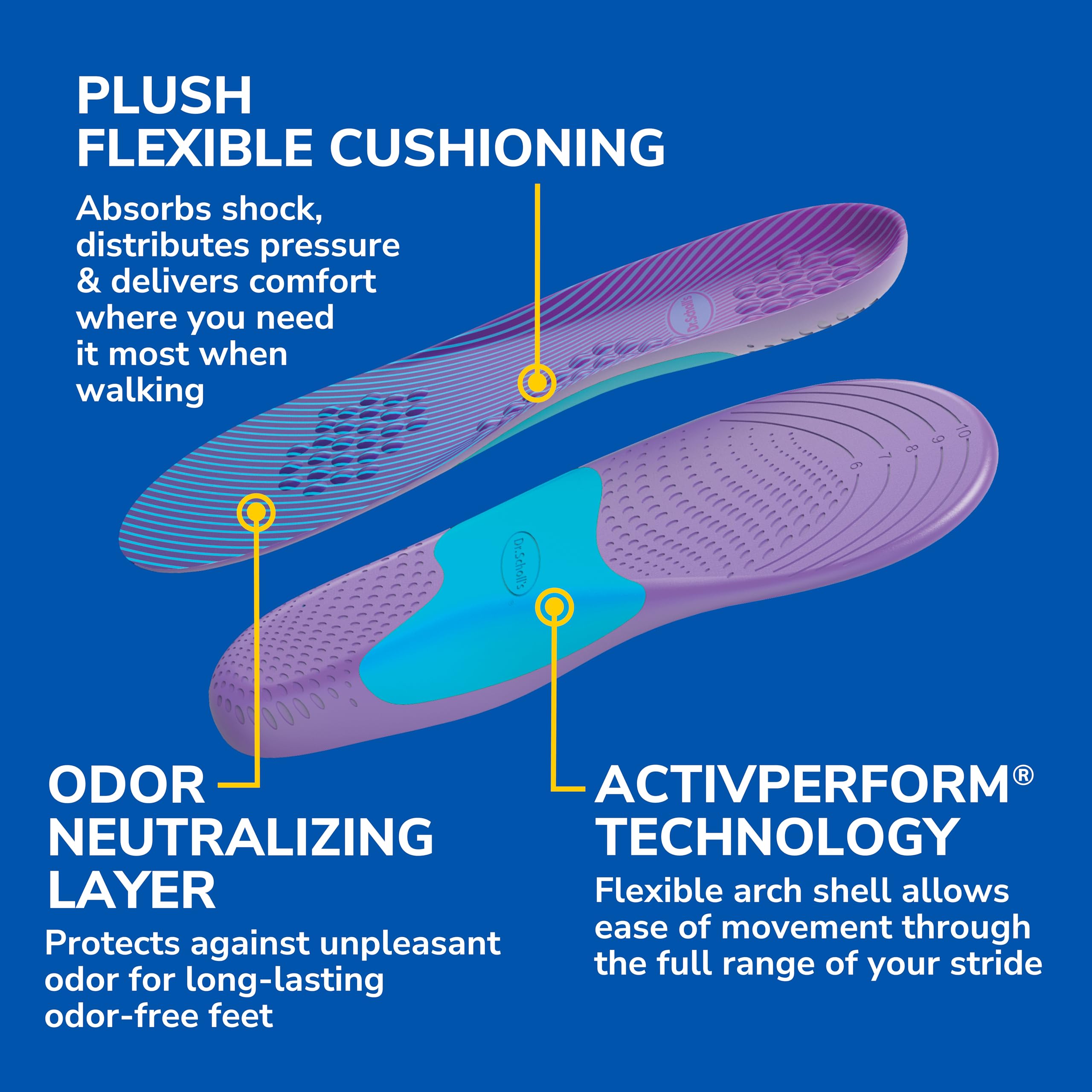 Dr. Scholl's Walk Longer flexible arch support adapts to various arches.