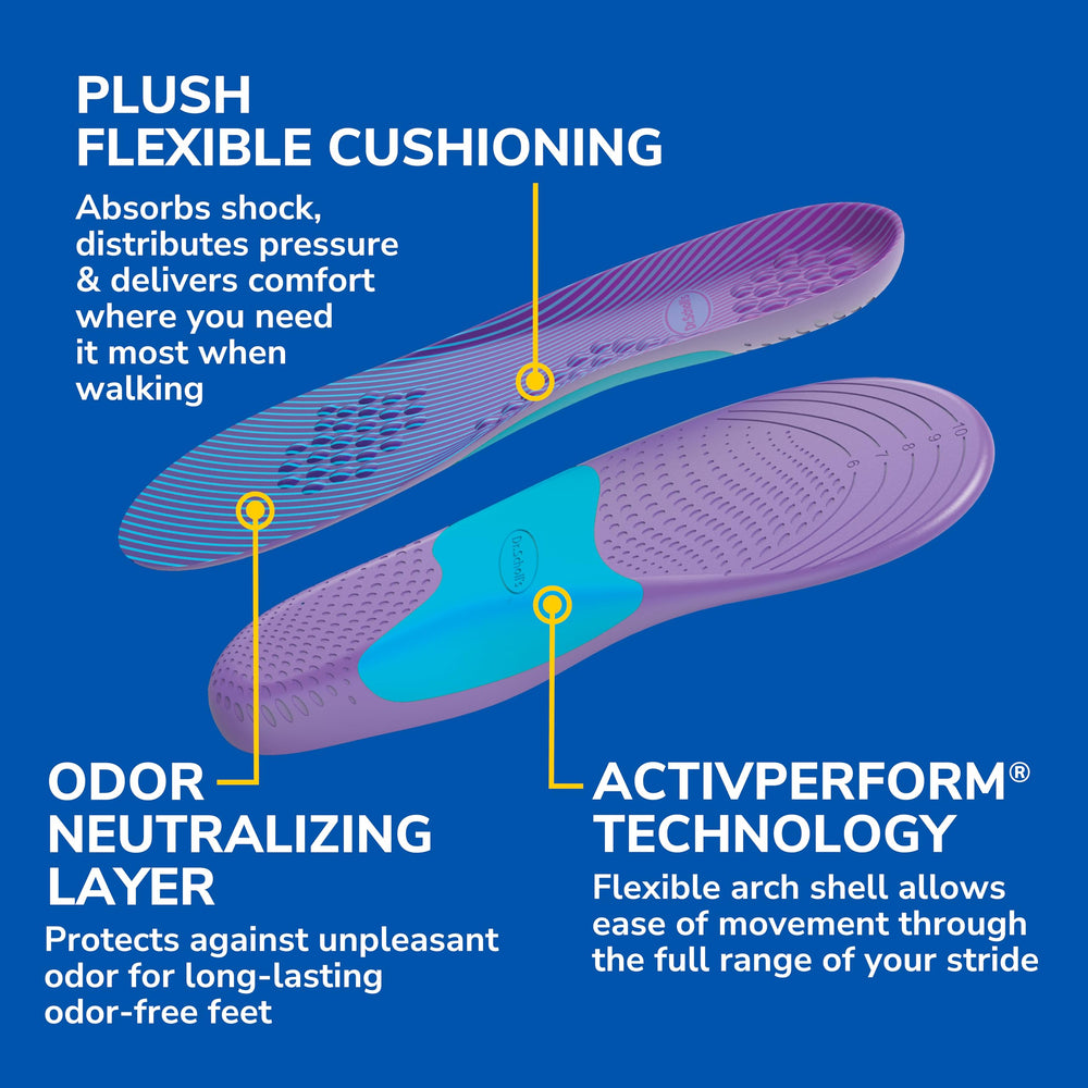 Dr. Scholl's Walk Longer flexible arch support adapts to various arches.