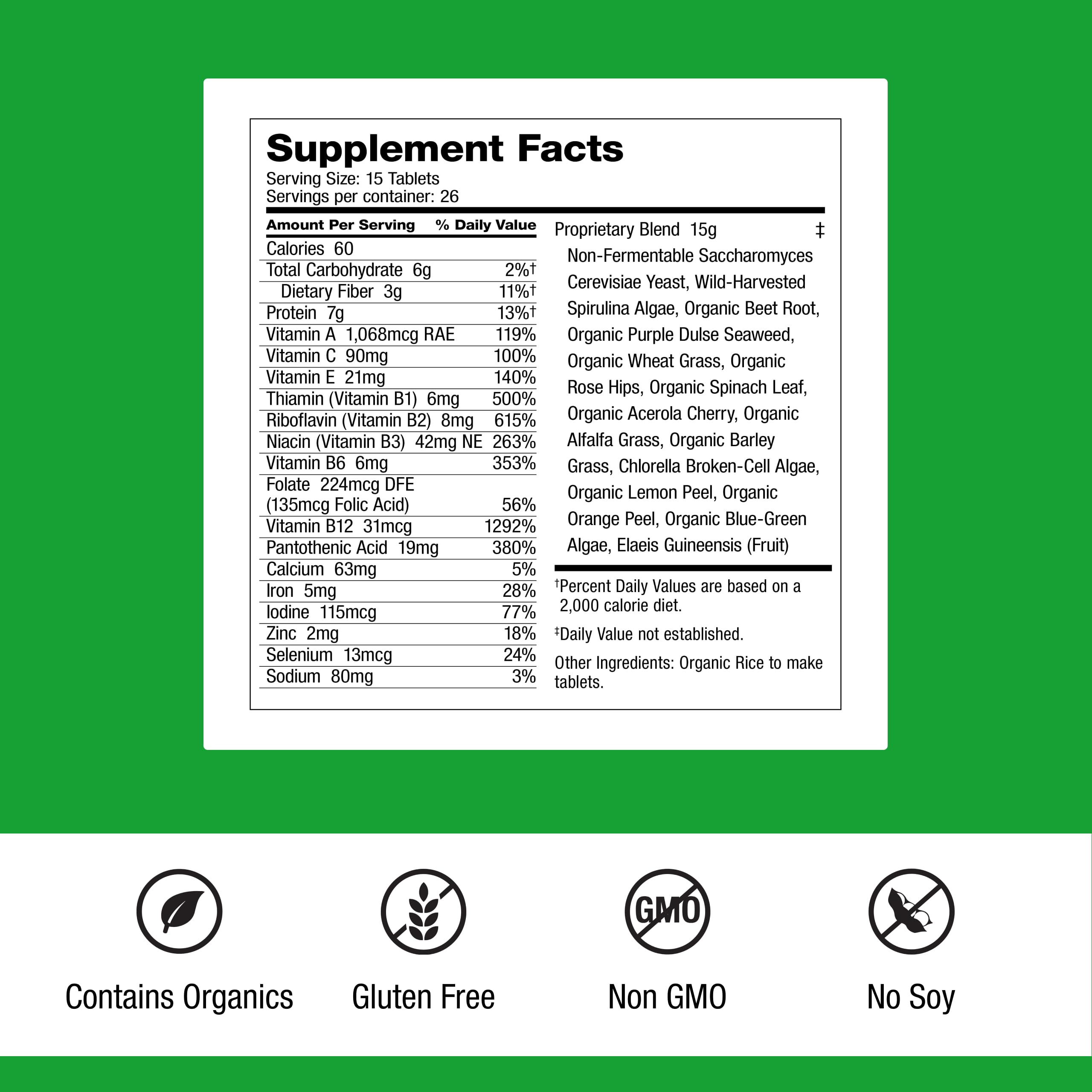 Dr. Schulze's SuperFood Plus bottle cap close-up highlights easy-to-swallow tablets.