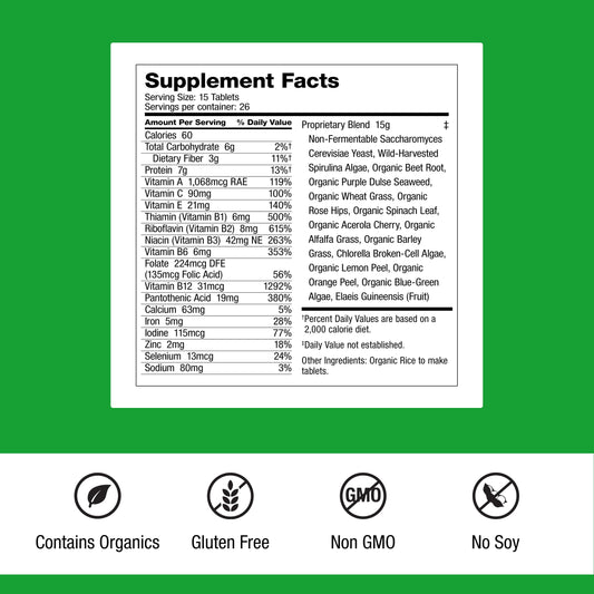Dr. Schulze's SuperFood Plus bottle cap close-up highlights easy-to-swallow tablets.