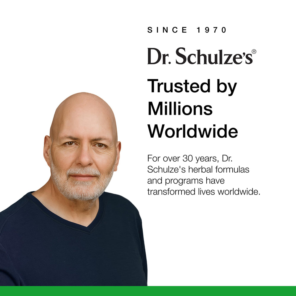Dr. Schulze's SuperFood Plus poured tablets on a spoon for convenient daily use.