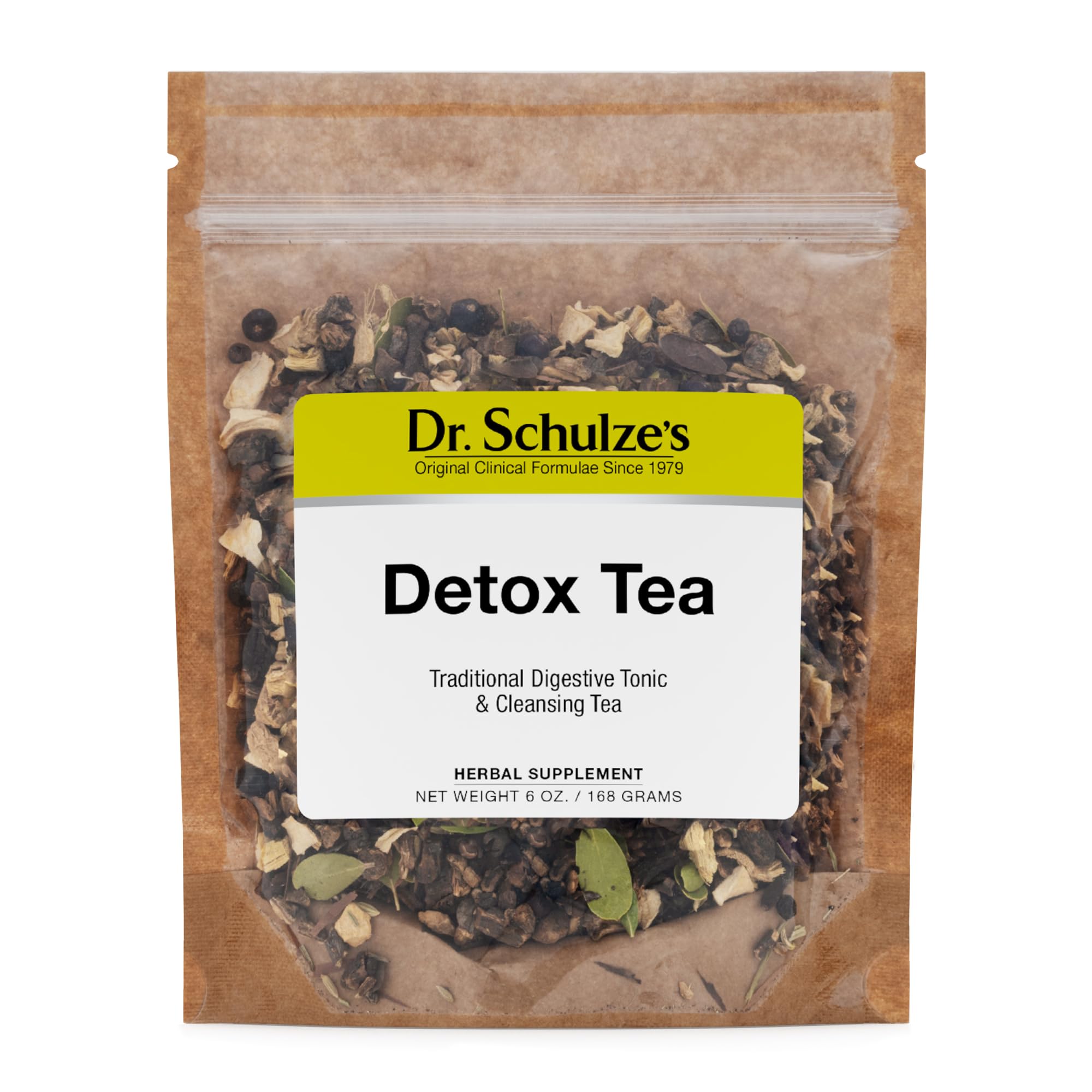 Dr. Schulze's Detox Tea bottle pour highlighting convenient daily detox support for digestion and energy.