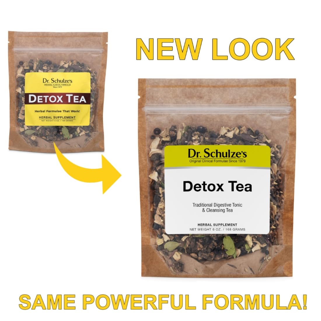 Dr. Schulze's Detox Tea ingredients list highlights licorice, cinnamon, and clove for soothing digestion.
