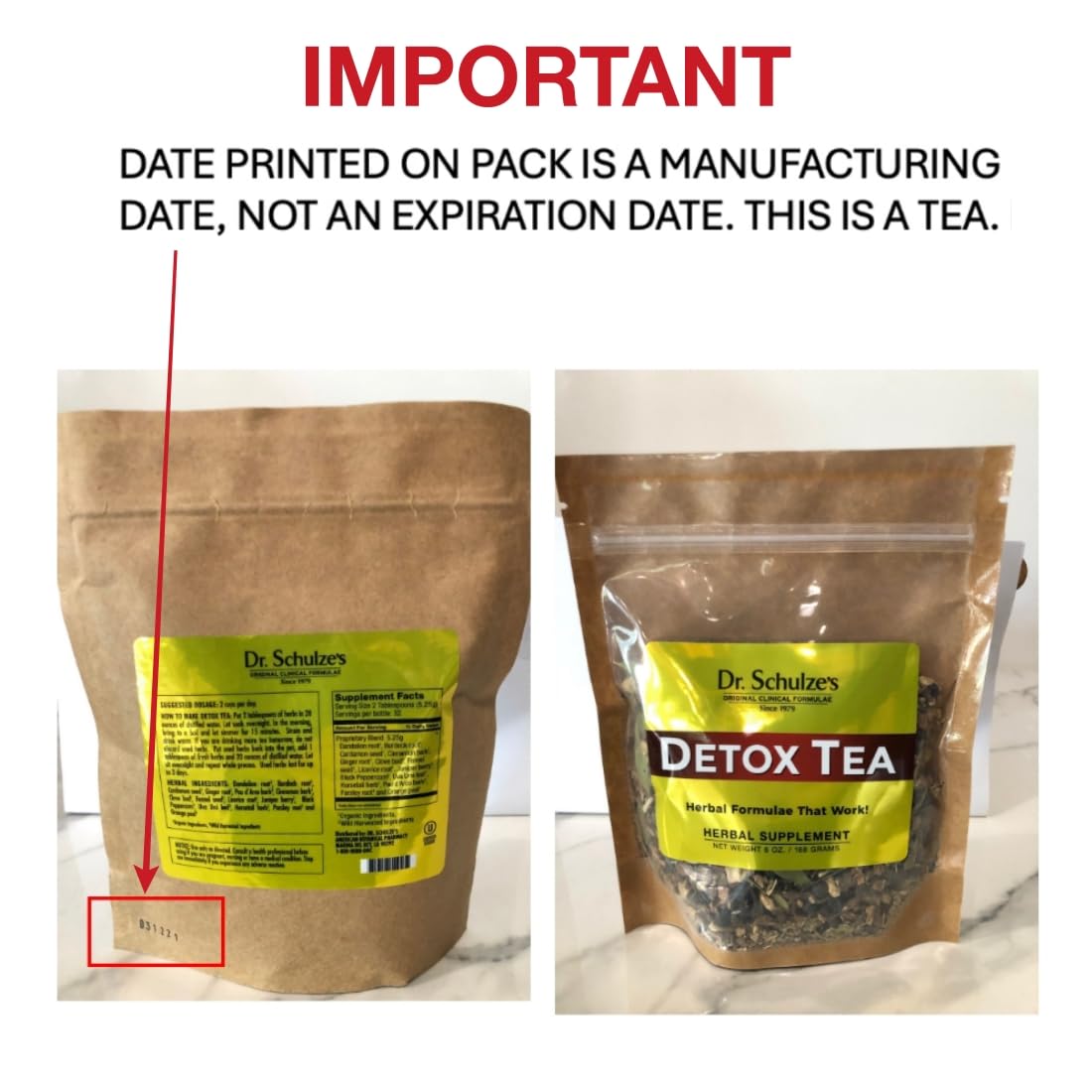 Dr. Schulze's Detox Tea steeping cup shows aromatic blend aiding digestion and liver support.