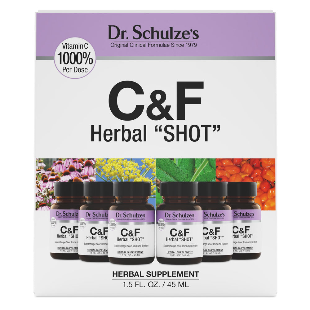 Dr. Schulze's Herbal Shot bottle front showing compact daily immune support