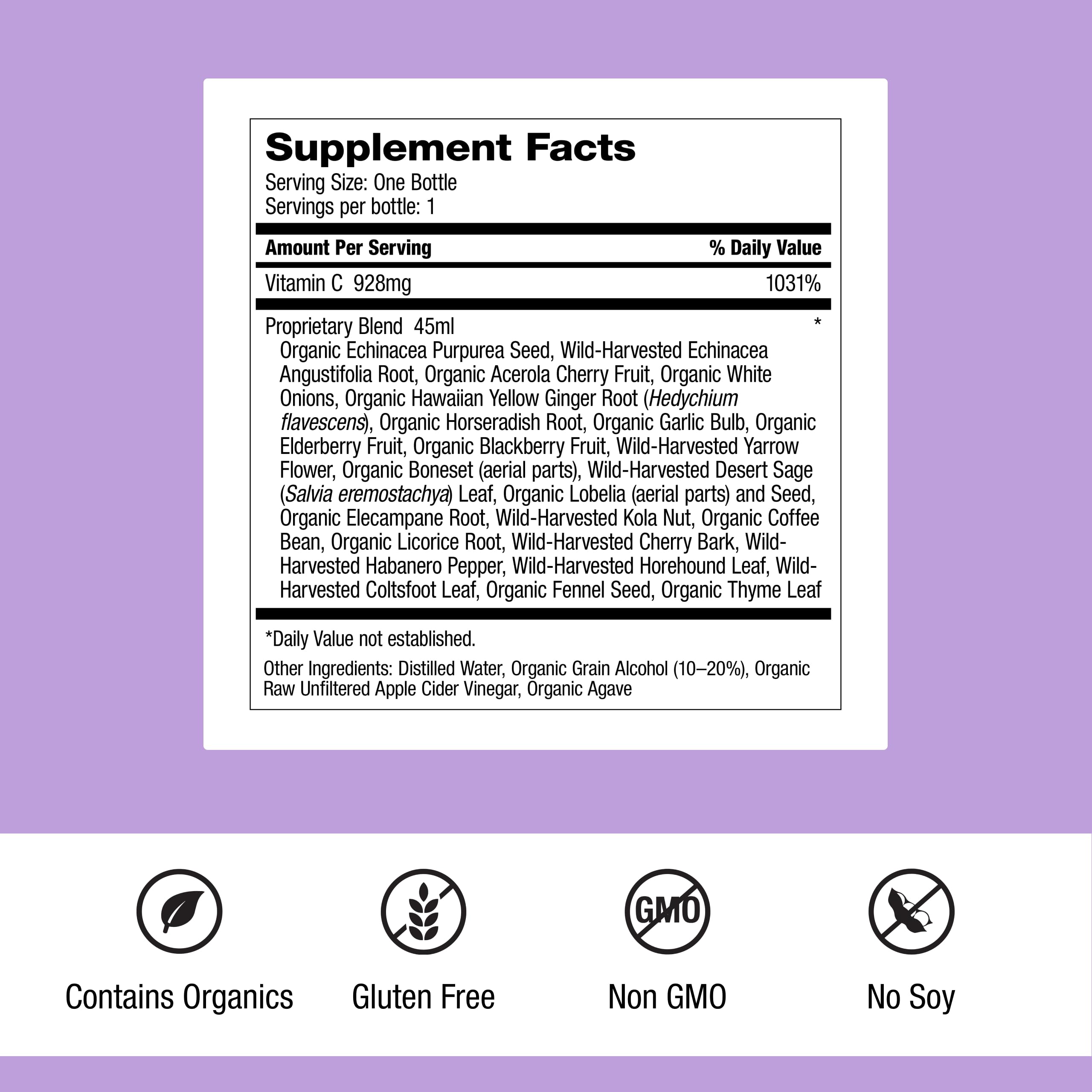 Label close-up highlighting organic herbs and vegan gluten-free formula