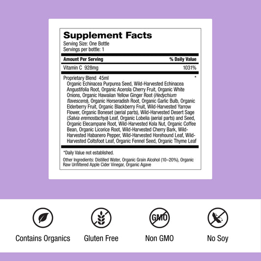 Label close-up highlighting organic herbs and vegan gluten-free formula