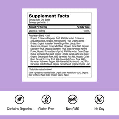 Label close-up highlighting organic herbs and vegan gluten-free formula