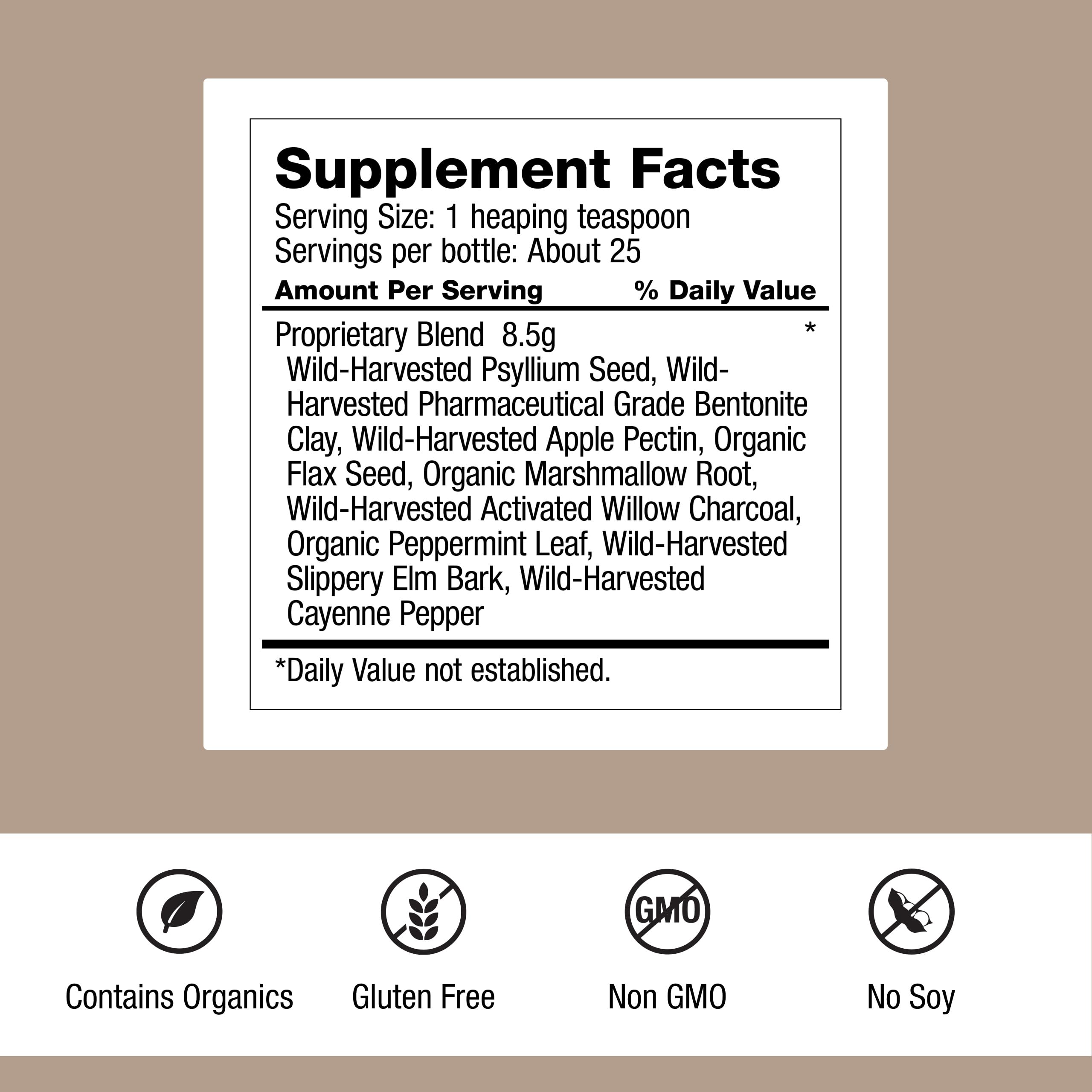 Dr Schulze s Intestinal Formula 2 back label detailing gluten free vegan attributes.