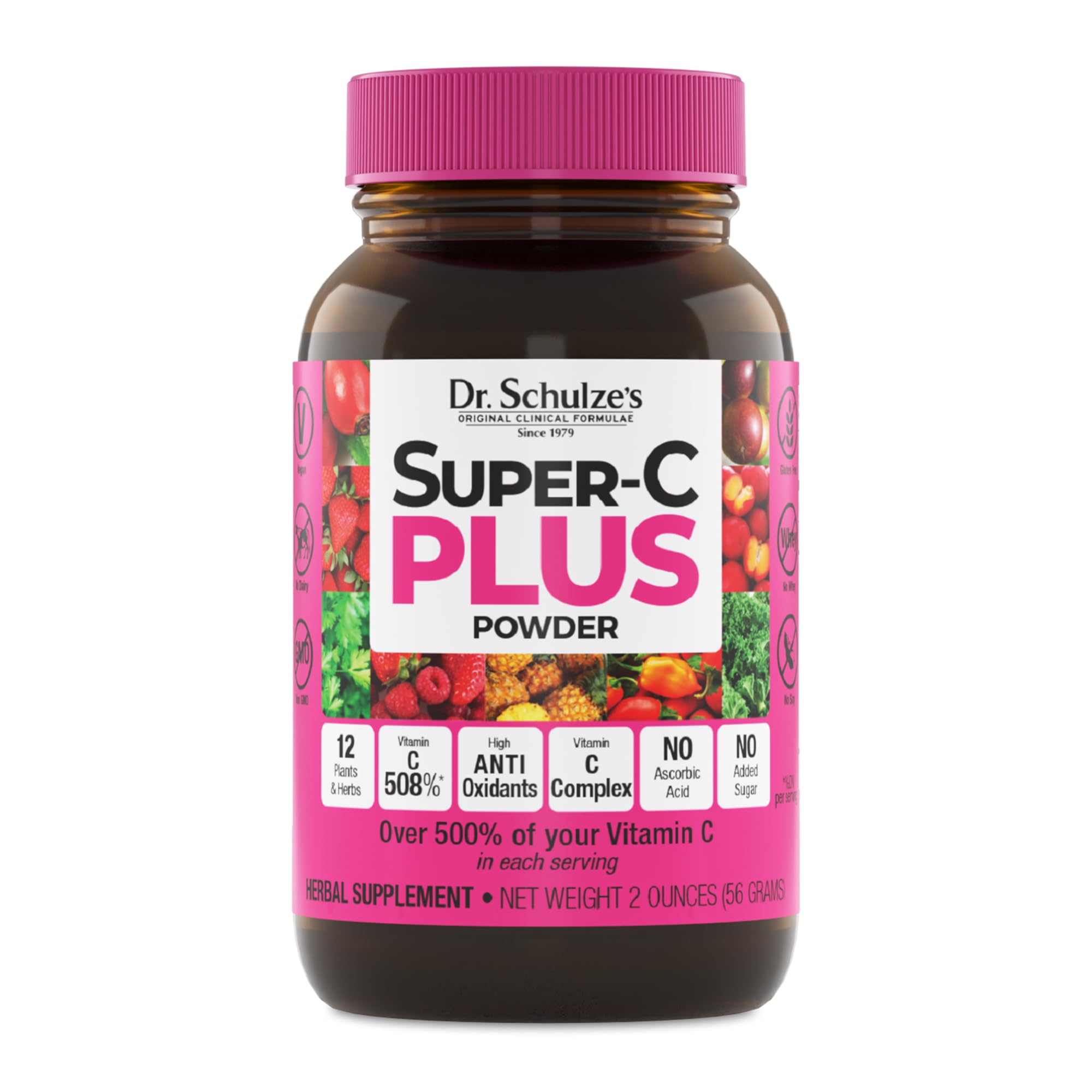 Dr. Schulze's Super-C Plus bottle close-up highlighting high-potency vitamin C support