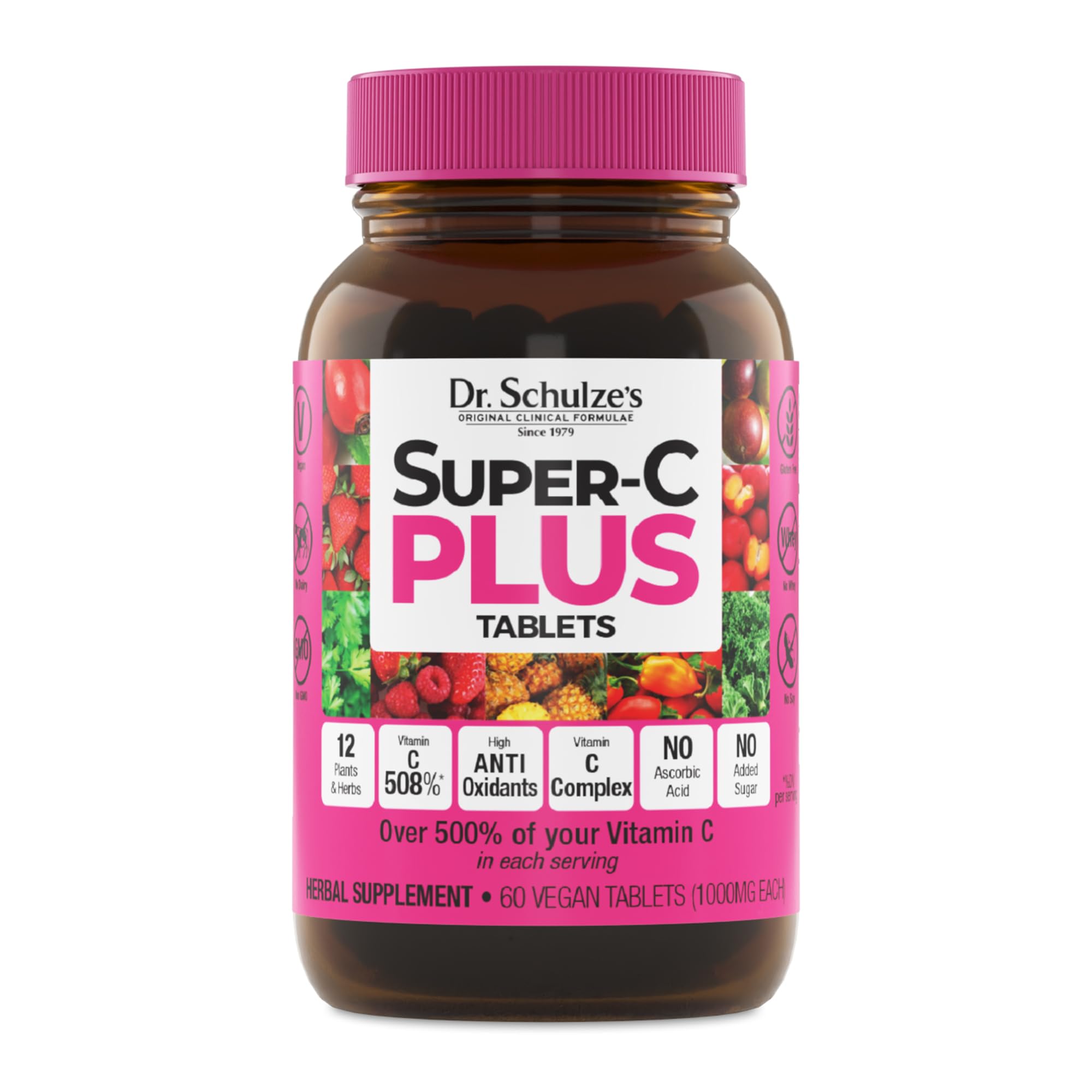 Dr. Schulze's Super-C Plus bottle highlighting plant-based vitamin C for daily immune support