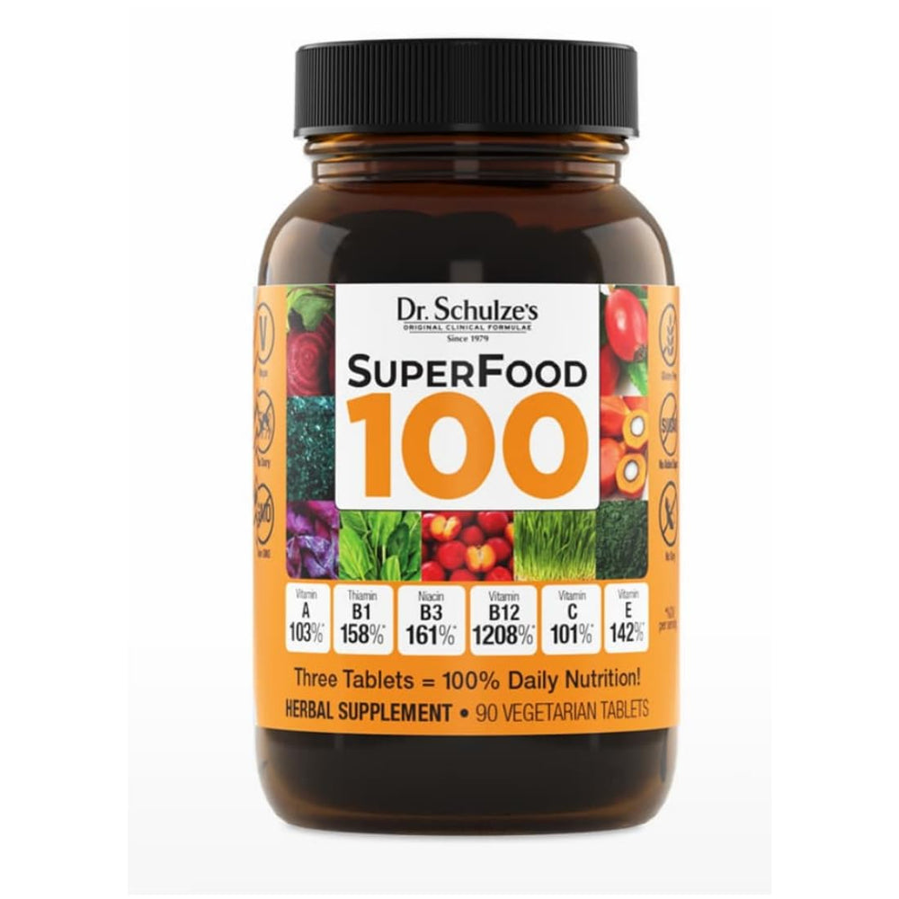 Dr. Schulze's SuperFood 100 bottle front view highlighting vegan daily nutrition.