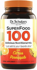 Dr. Schulze's SuperFood 100 bottle front—gluten-free plant-based daily wellness