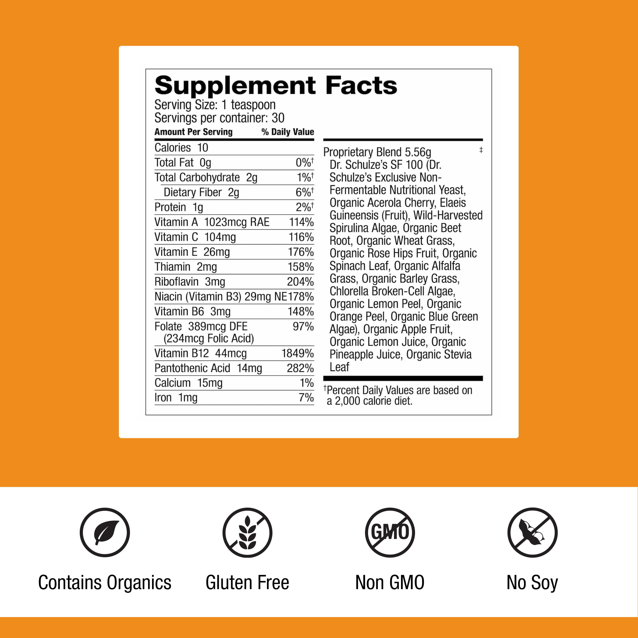 Close-up label on Dr. Schulze's SuperFood 100 showing vitamin-rich ingredients