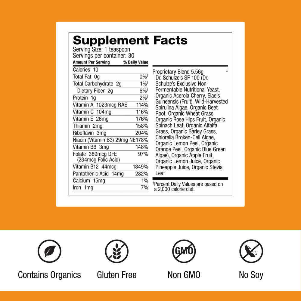 Close-up label on Dr. Schulze's SuperFood 100 showing vitamin-rich ingredients