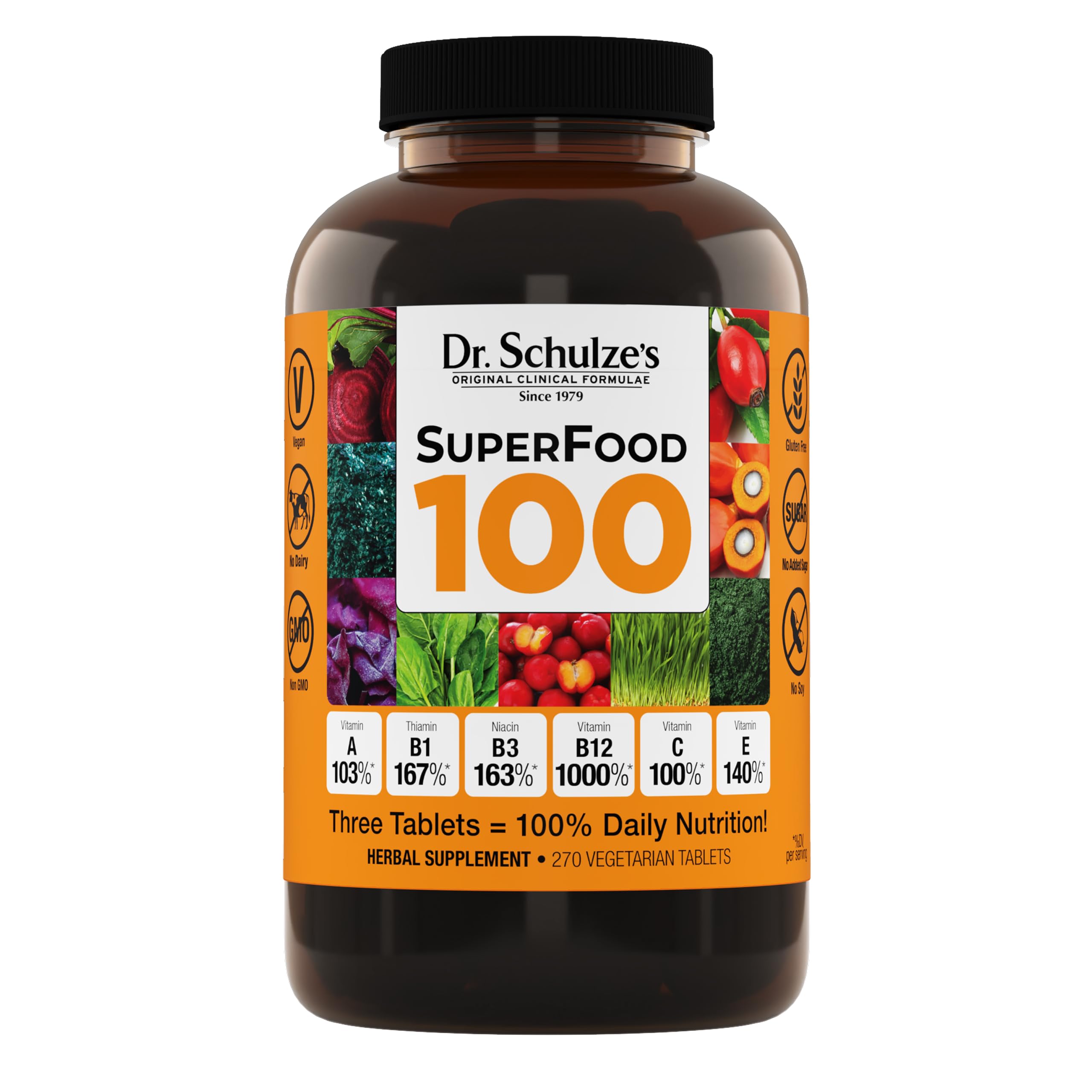 Dr. Schulze's SuperFood 100 bottle displaying a green nutrition blend for daily wellness