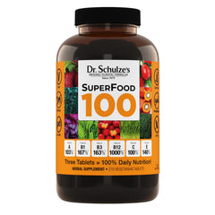 Dr. Schulze's SuperFood 100 bottle displaying a green nutrition blend for daily wellness