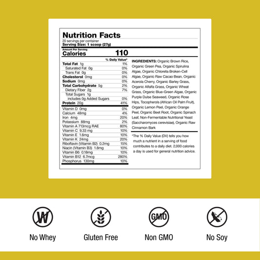 Dr. Schulze's SuperProtein Plus bottle back showing gluten-free, non-GMO nutrition details.