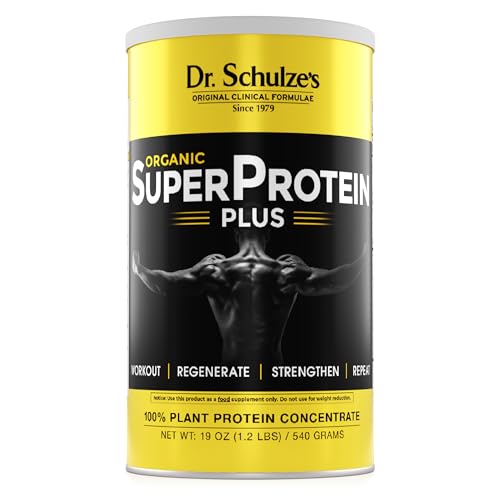 Dr. Schulze's SuperProtein Plus bottle front, a vegan protein option for active lifestyles.