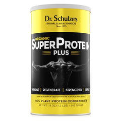 Dr. Schulze's SuperProtein Plus bottle front, a vegan protein option for active lifestyles.