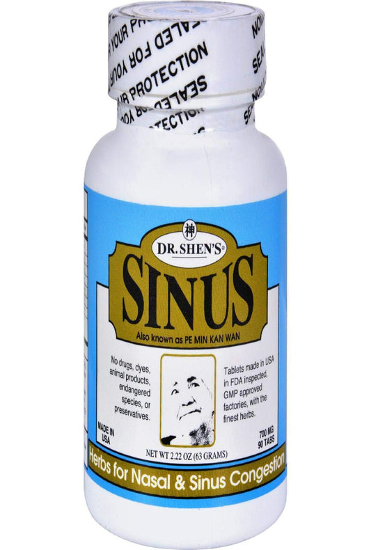 Dr. Shen's Sinus packaging and label highlighting 100 percent herbal ingredients