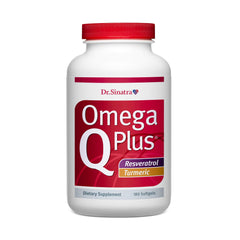 Dr. Sinatra Omega Q Plus bottle front shows label for healthy blood flow