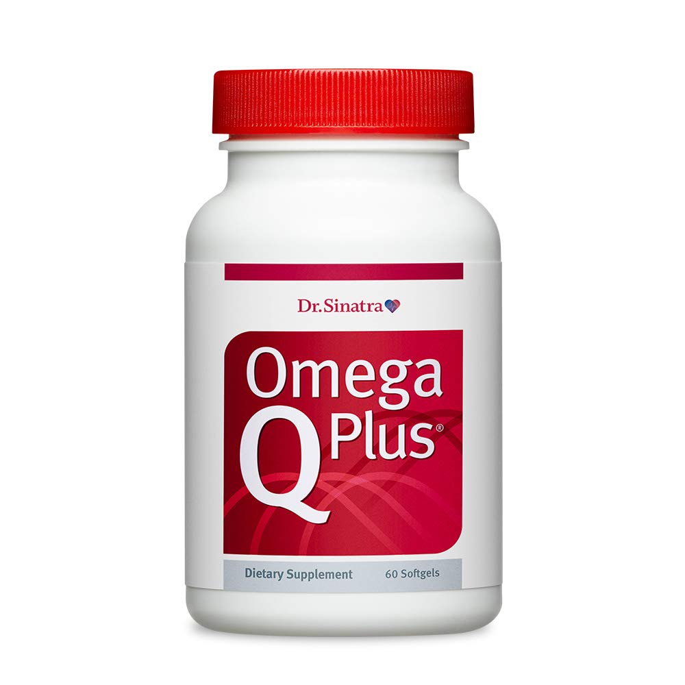 Dr. Sinatra Omega Q Plus bottle on counter, supporting everyday heart health balance.