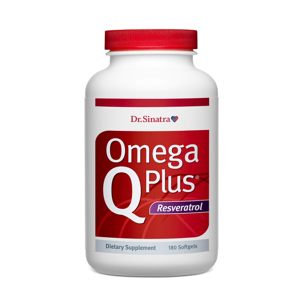 Dr. Sinatra Omega Q Plus Resveratrol bottle front promoting heart health and wellness.