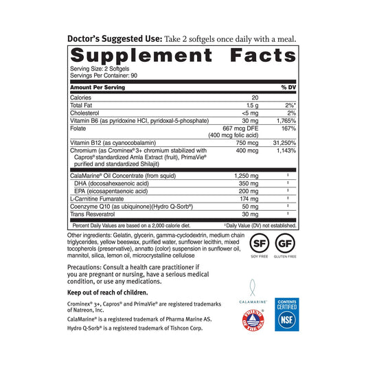 Dr. Sinatra Omega Q Plus Resveratrol bottle side showing ingredients and benefits.
