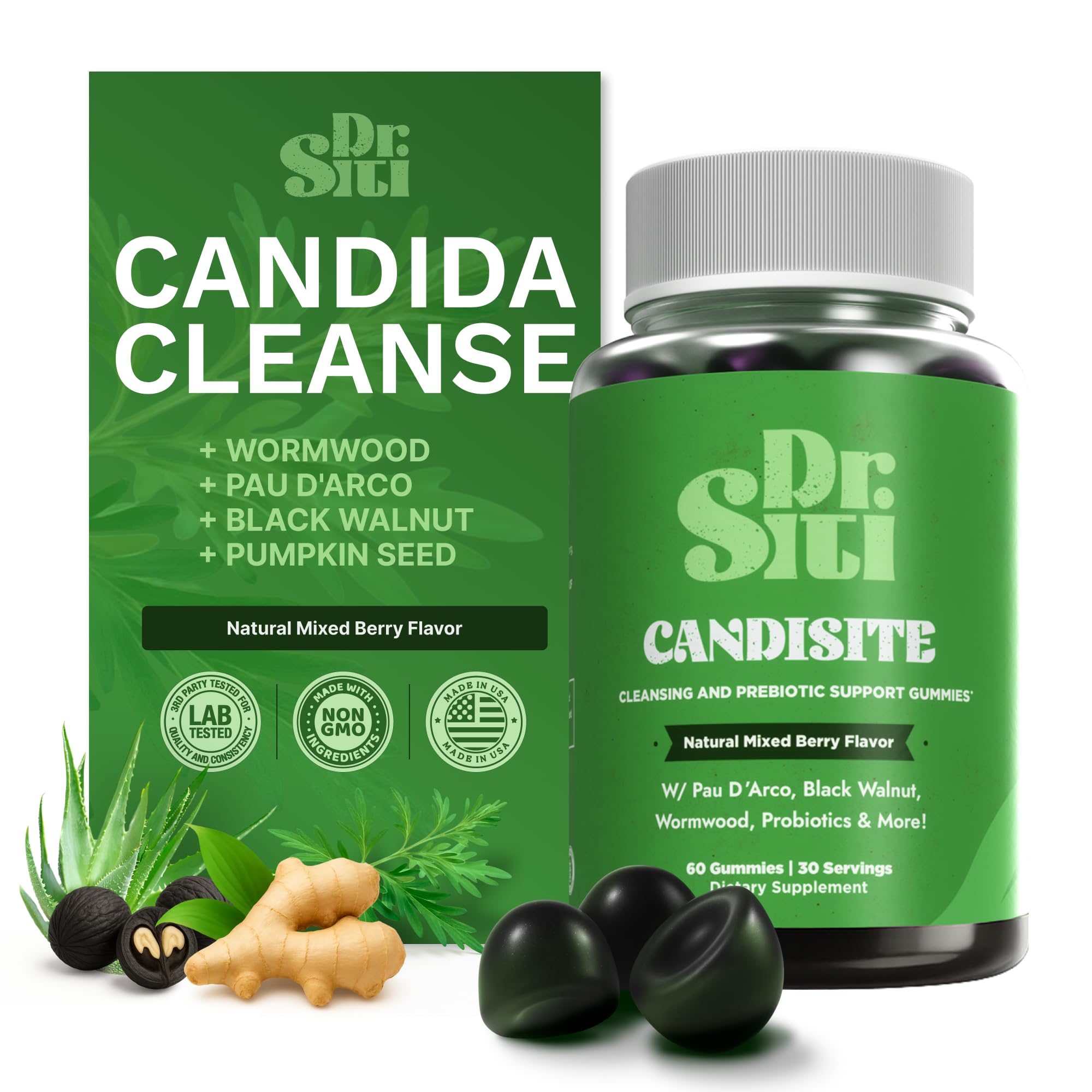 Dr. Siti Candisite gummies bottle front highlighting 10-in-1 gut balance.