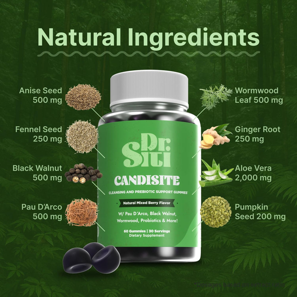 Dr. Siti Candisite gummies on a kitchen counter with USA-made badge.