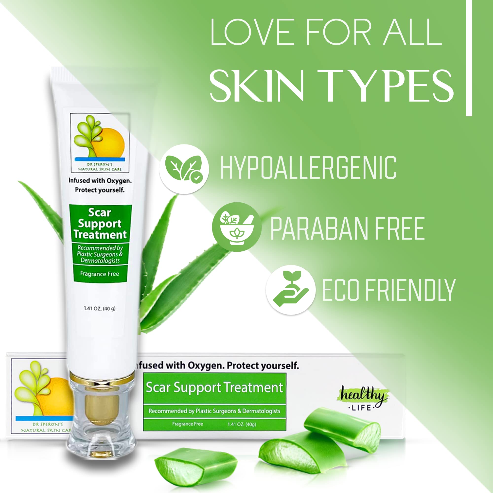 Dr. Speron's scar care safety seal suggests skin-friendly formula.