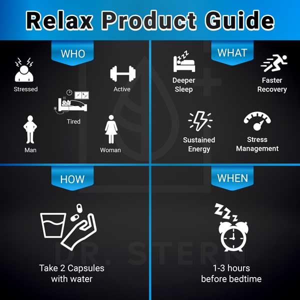 Dr. Stern Omissandi Relax packaging box shows vegan formula and USA-made production
