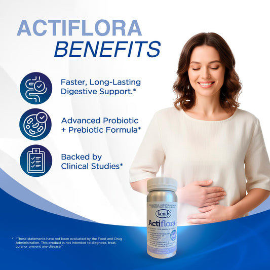 Dr. T Kendy Actiflora capsules inside bottle highlight convenient daily dosing for digestive balance.