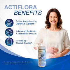 Dr. T Kendy Actiflora capsules inside bottle highlight convenient daily dosing for digestive balance.
