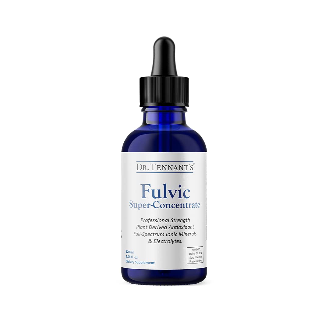 Dr. Tennant's Fulvic bottle on a counter highlights energy and minerals for daily use