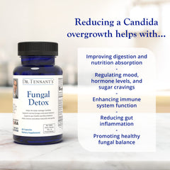 Herbal blend inside Dr. Tennant's Fungal Detox emphasizes gut health support.