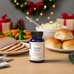 Packaging for Dr. Tennant's Fungal Detox shows compact daily detox solution.