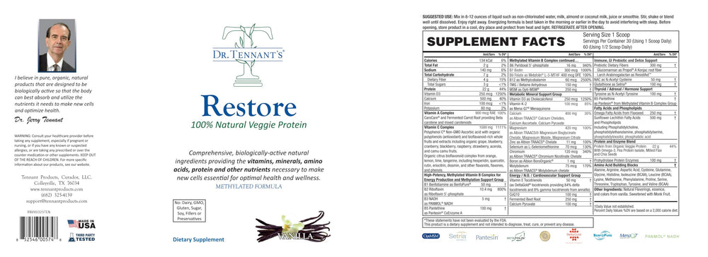 Dr. Tennant's Restore Vanilla shake ready in glass with omega-3 fusion