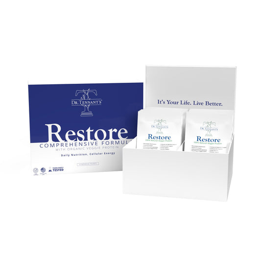Dr. Tennant's Restore Vanilla Shake bottle highlighting gluten-free vegan protein for daily nutrition