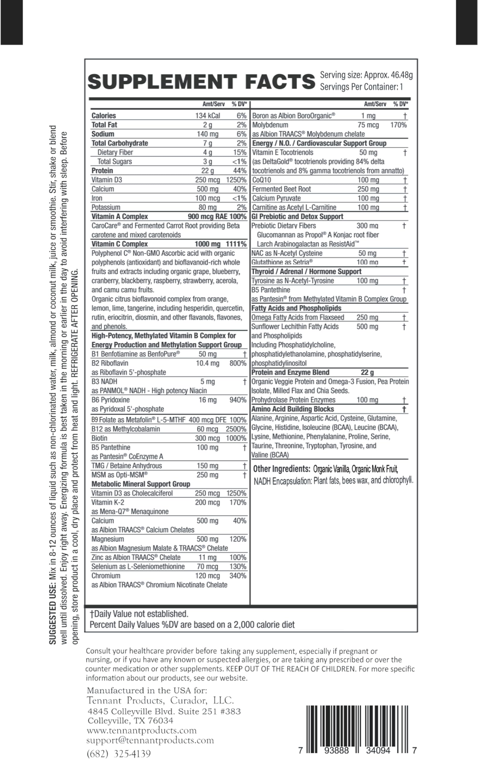 Nutrition panel of Dr. Tennant's Restore Vanilla Shake emphasizing 50+ vitamins and minerals
