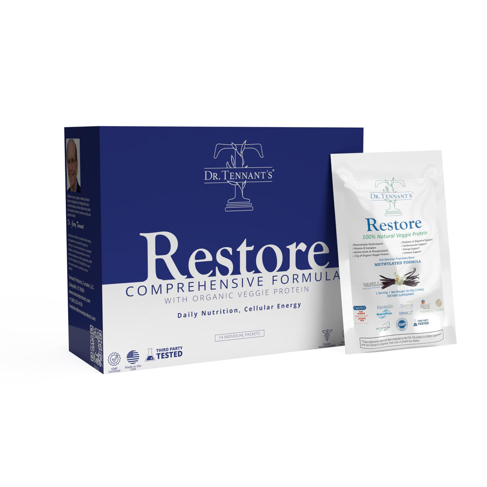 Single-serve Dr. Tennant's Restore Vanilla Shake packet ready to mix with plant milk
